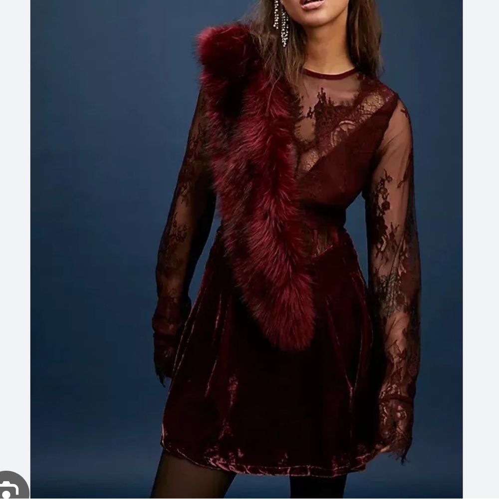 Free People NWT Marlie Lace Mini‎ Velvet Sheer Garnet Smocked Bell Sleeve Dress
